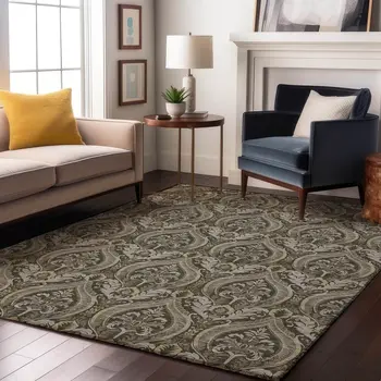 5' X 8' Taupe And Ivory Floral Washable Area Rug With UV Protection
