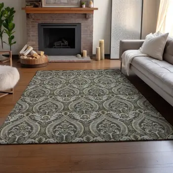 5' X 8' Taupe And Ivory Floral Washable Area Rug With UV Protection