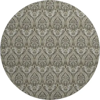 8' Taupe And Ivory Floral Washable Round Rug With UV Protection