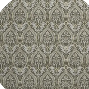 8' Taupe And Ivory Floral Washable Round Rug With UV Protection
