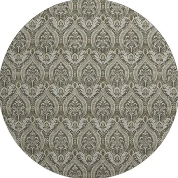8' Taupe And Ivory Floral Washable Round Rug With UV Protection