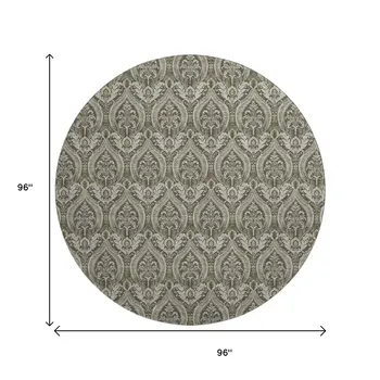 8' Taupe And Ivory Floral Washable Round Rug With UV Protection