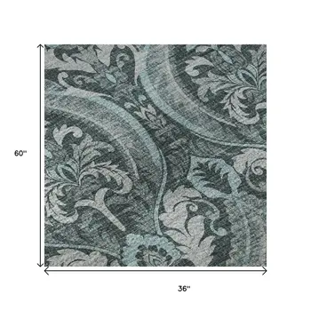 3' X 5' Teal And Ivory Floral Washable Area Rug With UV Protection