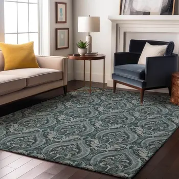 5' X 8' Teal And Ivory Floral Washable Area Rug With UV Protection