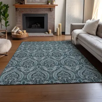 5' X 8' Teal And Ivory Floral Washable Area Rug With UV Protection