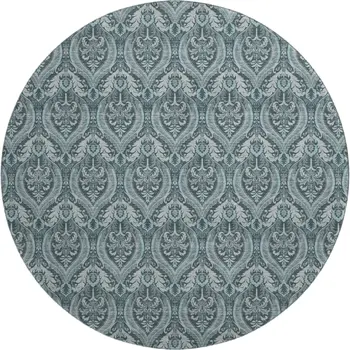 8' Teal And Ivory Floral Washable Round Rug With UV Protection