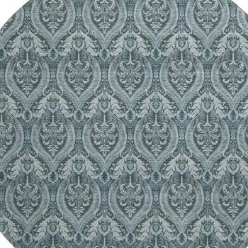 8' Teal And Ivory Floral Washable Round Rug With UV Protection