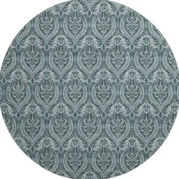 8' Teal And Ivory Floral Washable Round Rug With UV Protection