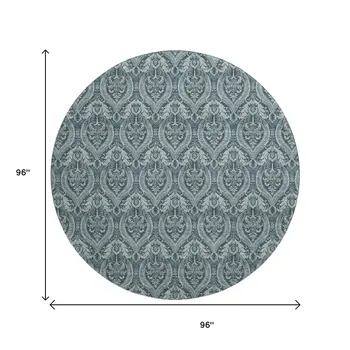 8' Teal And Ivory Floral Washable Round Rug With UV Protection