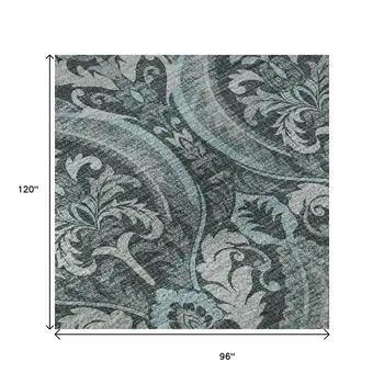 8' X 10' Teal And Ivory Floral Washable Area Rug With UV Protection