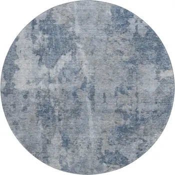 8' Blue And Ivory Abstract Washable Round Rug With UV Protection