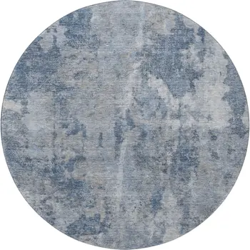 8' Blue And Ivory Abstract Washable Round Rug With UV Protection