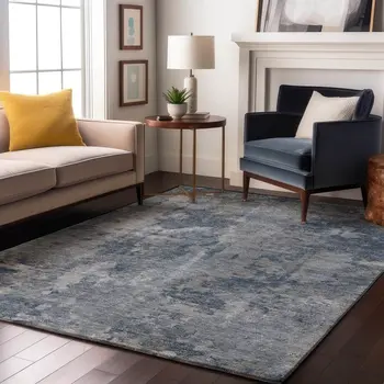 10' X 14' Blue And Ivory Abstract Washable Area Rug With UV Protection