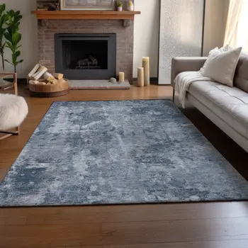 10' X 14' Blue And Ivory Abstract Washable Area Rug With UV Protection