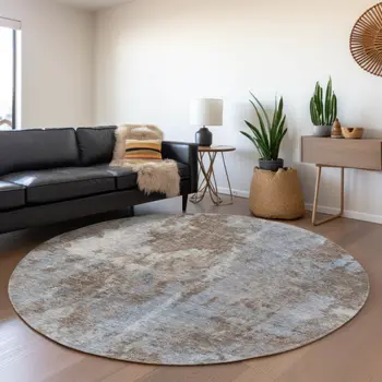 8' Brown And Ivory Abstract Washable Round Rug With UV Protection