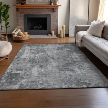 5' X 8' Gray And Ivory Abstract Washable Area Rug With UV Protection