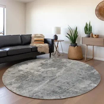 8' Gray And Ivory Abstract Washable Round Rug With UV Protection