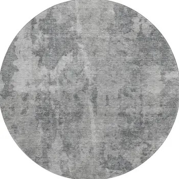 8' Gray And Ivory Abstract Washable Round Rug With UV Protection