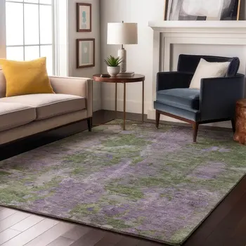 5' X 8' Green And Ivory Abstract Washable Area Rug With UV Protection