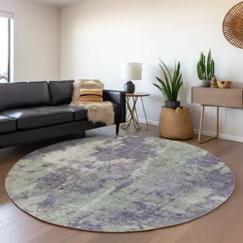 8' Purple And Ivory Abstract Washable Round Rug With UV Protection