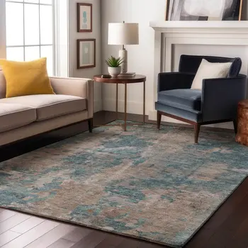 5' X 8' Teal And Ivory Abstract Washable Area Rug With UV Protection