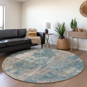 8' Teal And Ivory Abstract Washable Round Rug With UV Protection