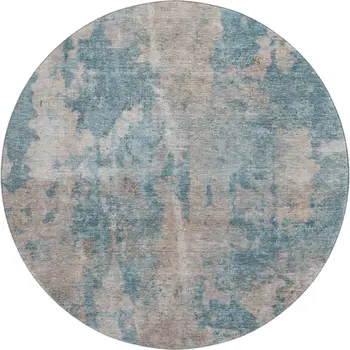 8' Teal And Ivory Abstract Washable Round Rug With UV Protection