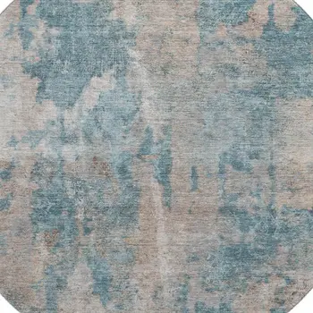 8' Teal And Ivory Abstract Washable Round Rug With UV Protection