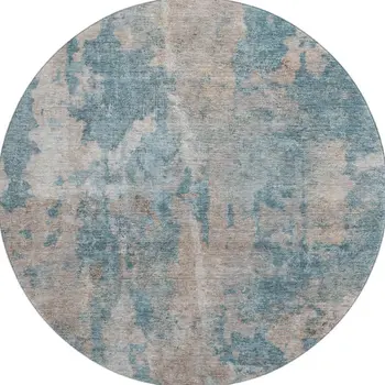 8' Teal And Ivory Abstract Washable Round Rug With UV Protection