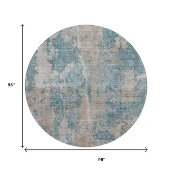 8' Teal And Ivory Abstract Washable Round Rug With UV Protection