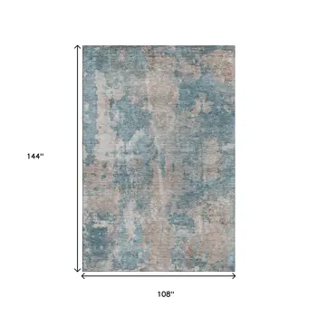 9' X 12' Teal And Ivory Abstract Washable Area Rug With UV Protection