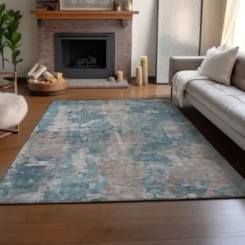10' X 14' Teal And Ivory Abstract Washable Area Rug With UV Protection