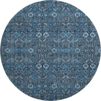 8' Blue And Ivory Tribal Washable Round Rug With UV Protection