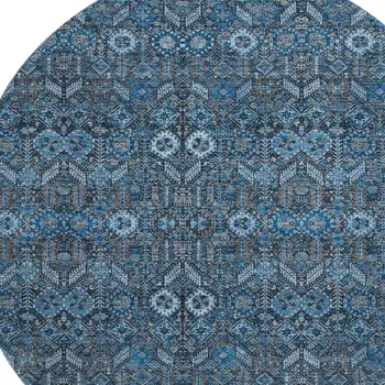 8' Blue And Ivory Tribal Washable Round Rug With UV Protection