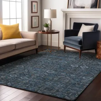 9' X 12' Blue And Ivory Tribal Washable Area Rug With UV Protection