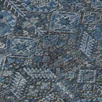 9' X 12' Blue And Ivory Tribal Washable Area Rug With UV Protection