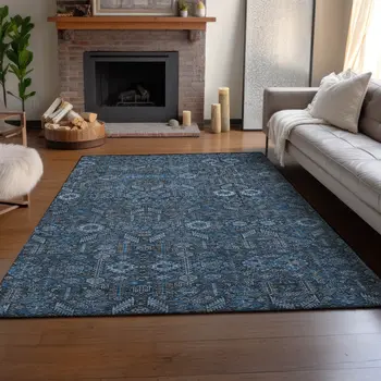 9' X 12' Blue And Ivory Tribal Washable Area Rug With UV Protection
