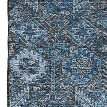 9' X 12' Blue And Ivory Tribal Washable Area Rug With UV Protection