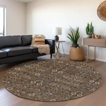 8' Chocolate And Gray Tribal Washable Round Rug With UV Protection