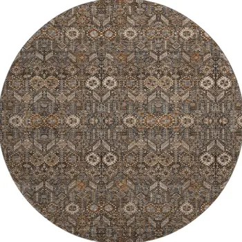 8' Chocolate And Gray Tribal Washable Round Rug With UV Protection