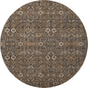 8' Chocolate And Gray Tribal Washable Round Rug With UV Protection