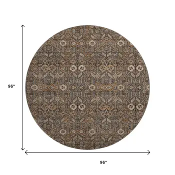 8' Chocolate And Gray Tribal Washable Round Rug With UV Protection