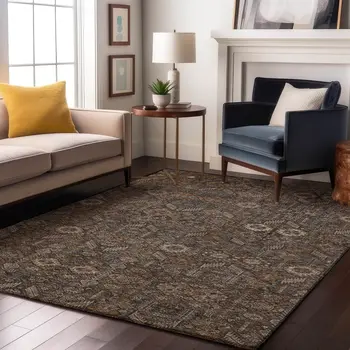 10' X 14' Chocolate And Gray Tribal Washable Area Rug With UV Protection