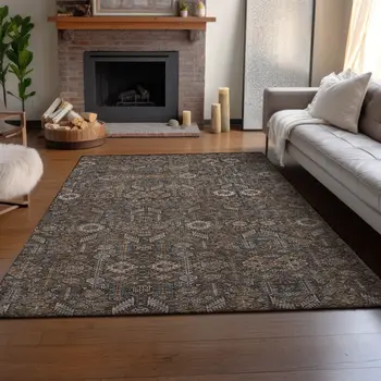 10' X 14' Chocolate And Gray Tribal Washable Area Rug With UV Protection