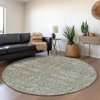 8' Gray And Ivory Tribal Washable Round Rug With UV Protection