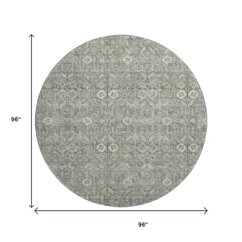 8' Gray And Ivory Tribal Washable Round Rug With UV Protection