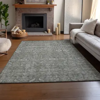 8' X 10' Gray And Ivory Tribal Washable Area Rug With UV Protection