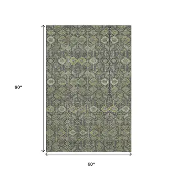 5' X 8' Green Gray And Ivory Tribal Washable Area Rug With UV Protection