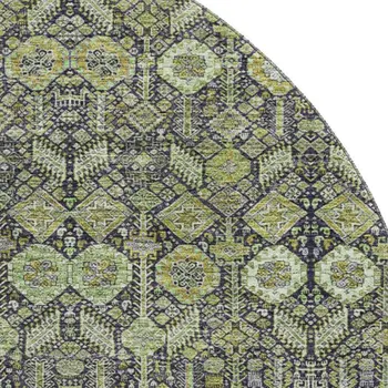 8' Green Gray And Ivory Tribal Washable Round Rug With UV Protection