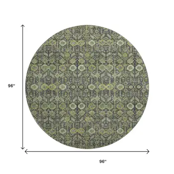 8' Green Gray And Ivory Tribal Washable Round Rug With UV Protection